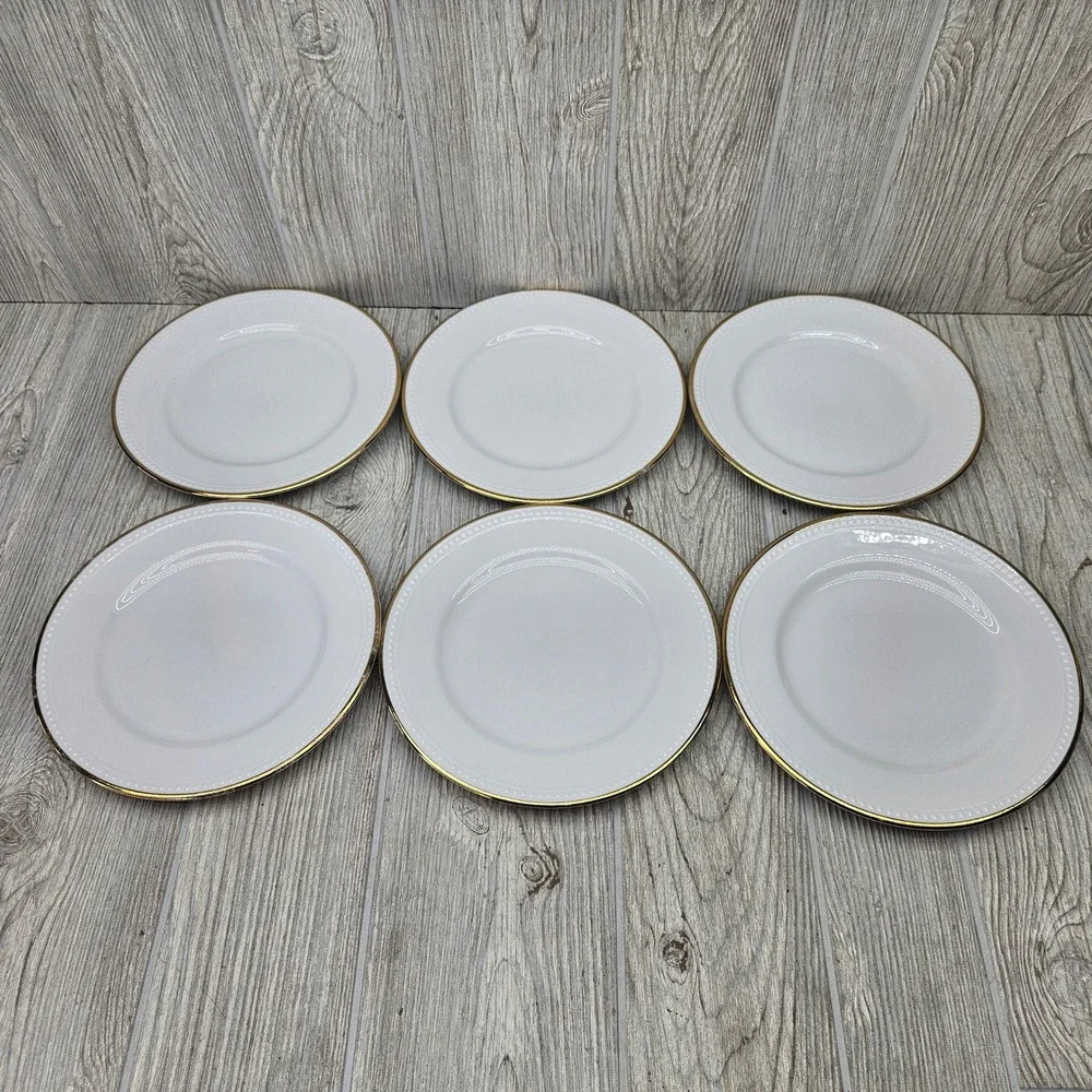 Pier 1 Gold Line Salad Plates Set of 6 White Ceramic Beaded Rim Gold Edge 7.75in